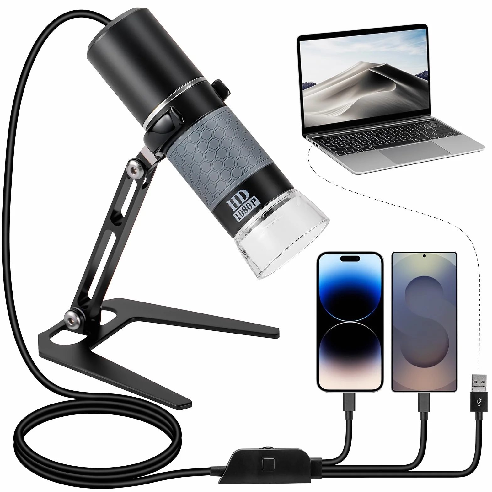 Microscope USB 1080p avec Support en métal, 50X-1000X Microscope numérique Portable Compatible avec iPhone/Android/Windows/Mac