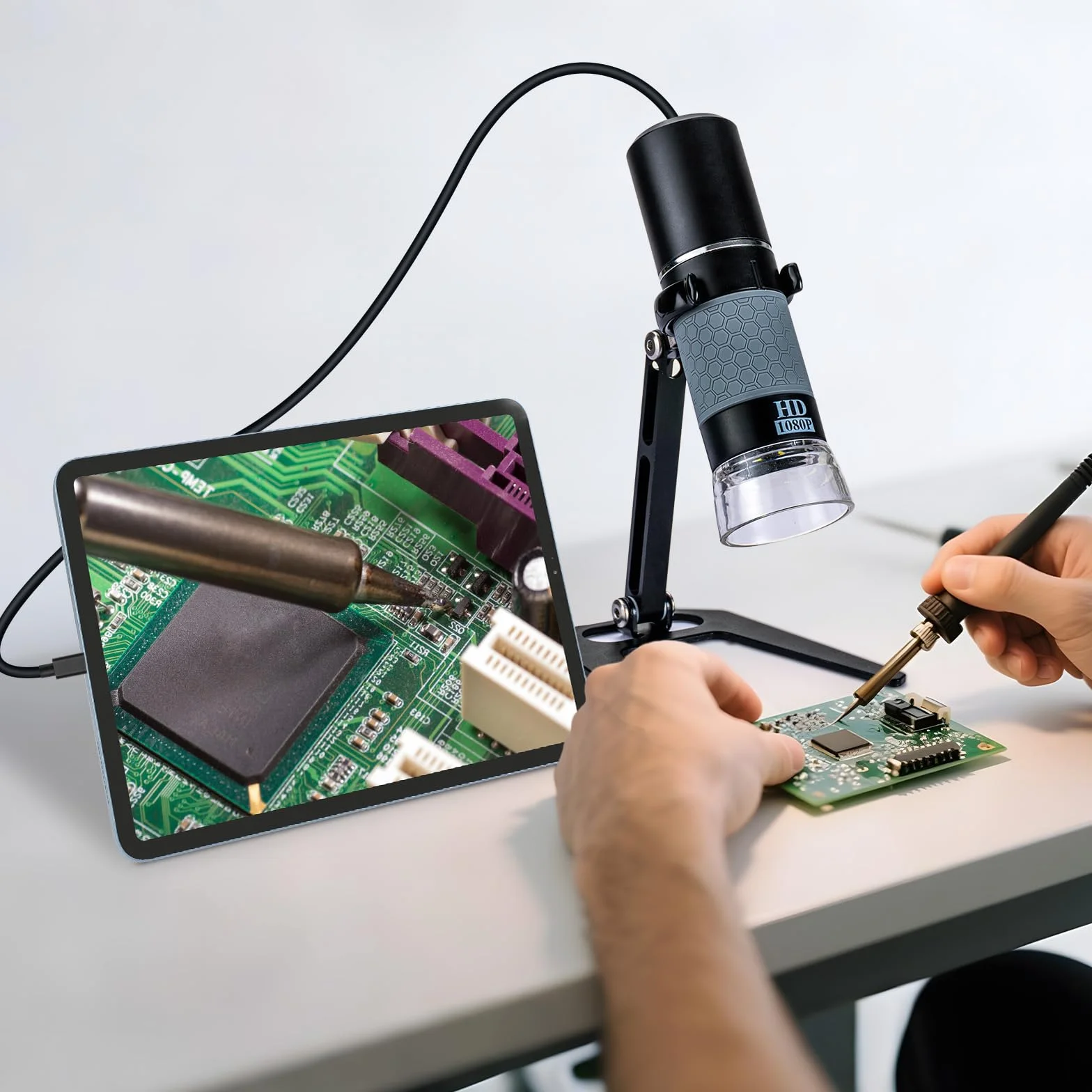 Microscope USB 1080p avec Support en métal, 50X-1000X Microscope numérique Portable Compatible avec iPhone/Android/Windows/Mac