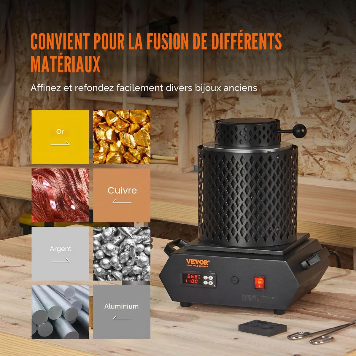 VEVOR Four de Fusion Automatique Électrique 1350 W Four de Fusion d'Or 1150℃ avec Creuset en Graphite 1 kg et 3 kg, Contrôle Numérique Chauffage Rapide pour Traitement de Métaux Argent Aluminium Cuivr