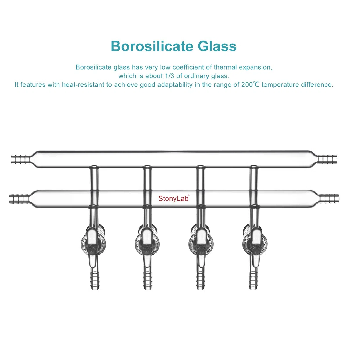 stonylab Collecteur à Double Vide en Verre, Verre Borosilicaté Collecteur à Double Banque de Gaz Sous Vide avec 4 Ports et 4 Stopcocks en Verre Gaz Sous Vide Distributeur pour Laboratoire Schlenk Line