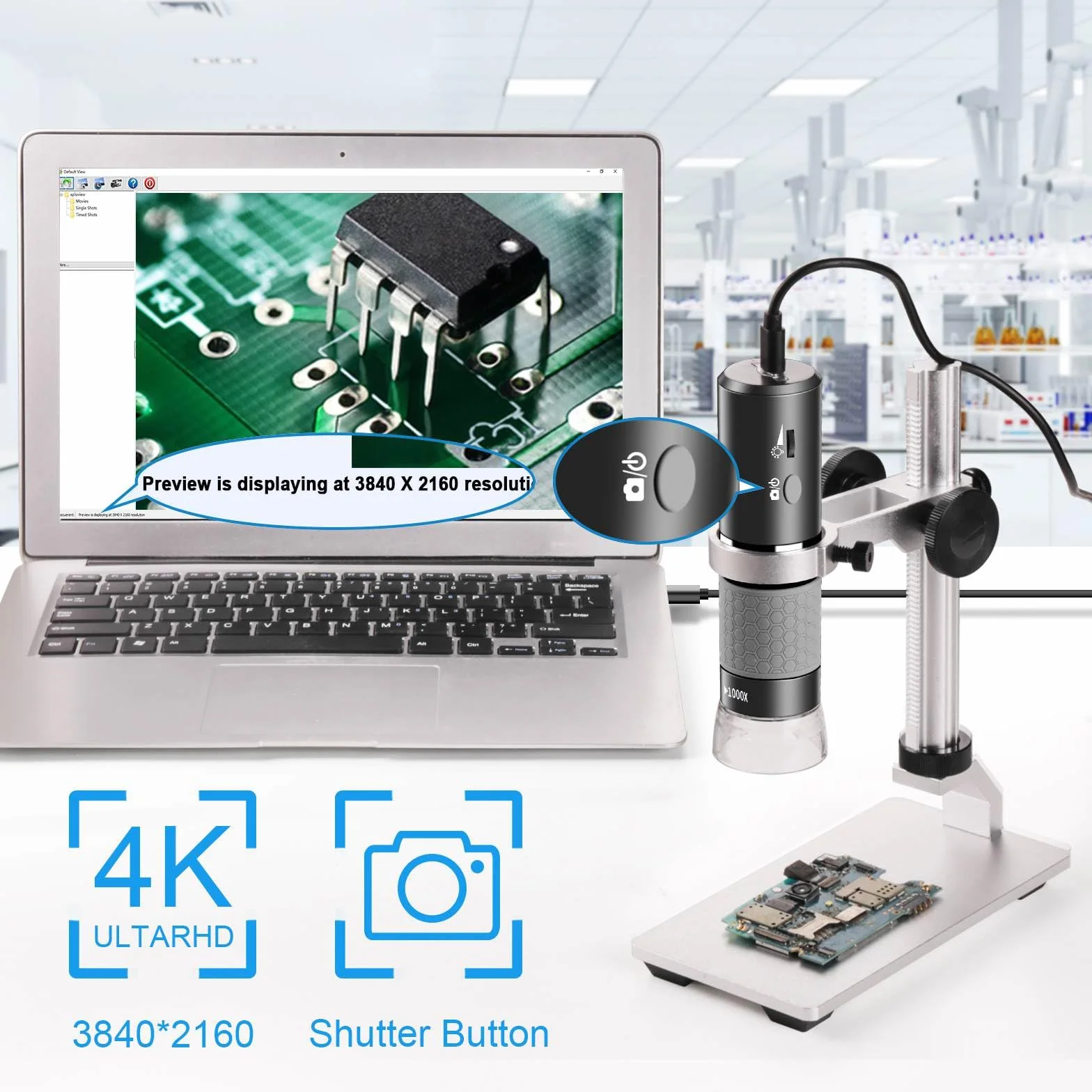 Microscope WiFi 4K avec Support Professionnel + étui pour iPhone Android PC, Microscope Numérique USB 50-1000X HD pour étui Les Téléphones iPad Android Tablette Windows Mac Chrome Linux