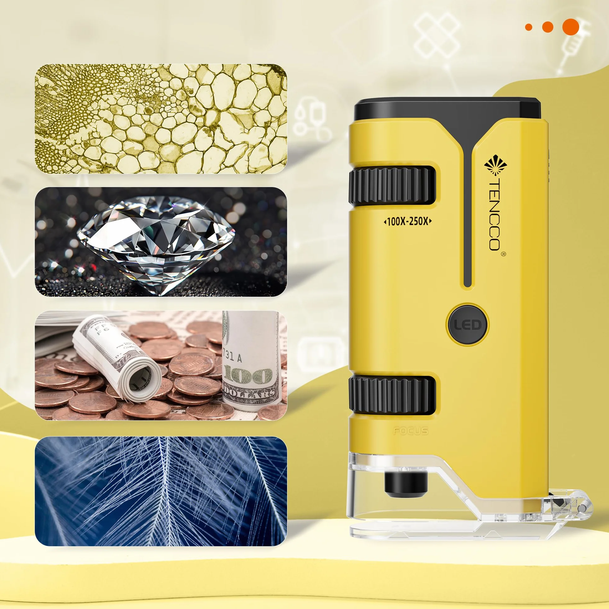 Mini Microscope de Poche 100x-250x pour Enfants Adultes, Microscope Portatif Main, Miniscope Portable pour Enfants Adultes, Scientifique Education, Jaune