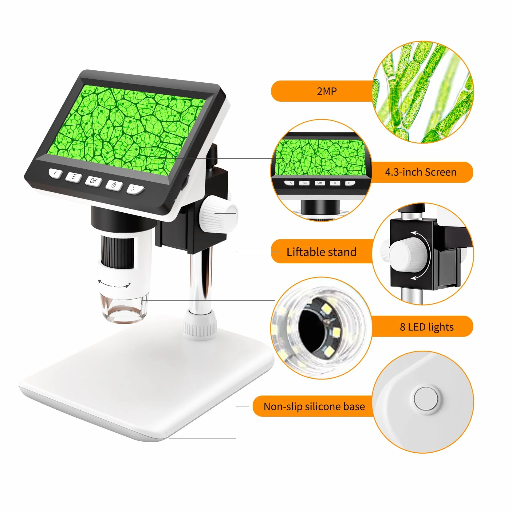 GlobalCrown Microscope numérique Enfant/Adulte,4,3 Pouces écran Microscope electronique à grossissement 50-1000X avec 8 lumières LED réglables, loupe à souder, Compatible Windows/Mac