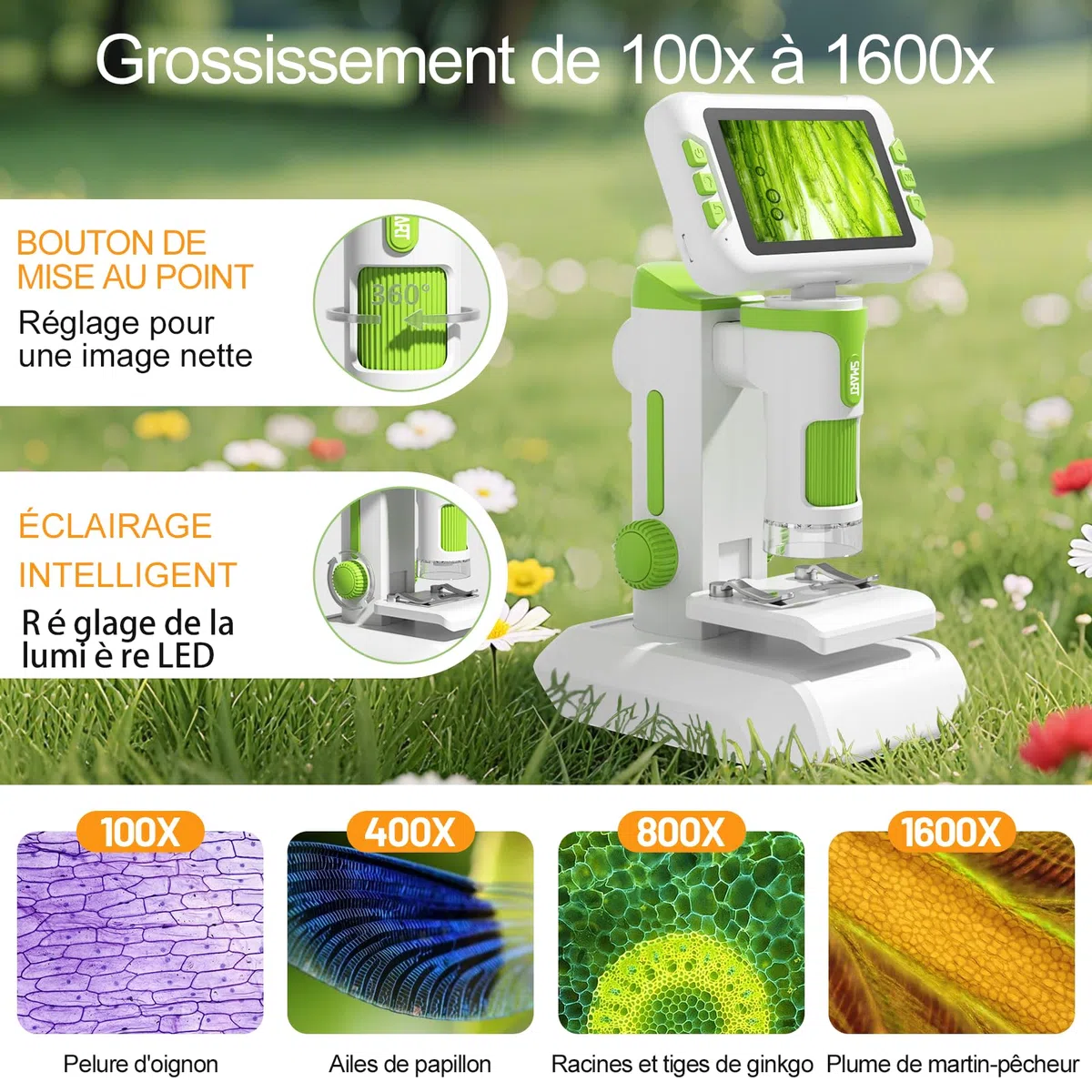 Microscope Enfant Portable 1600x Zoom, 4" Écran IPS avec Photos et Vidéos, Carte TF 32G, Rechargeable Batterie, Connexion PC directe, Kit d'Expériences Scientifiques pour Les de 6 à 12 Ans