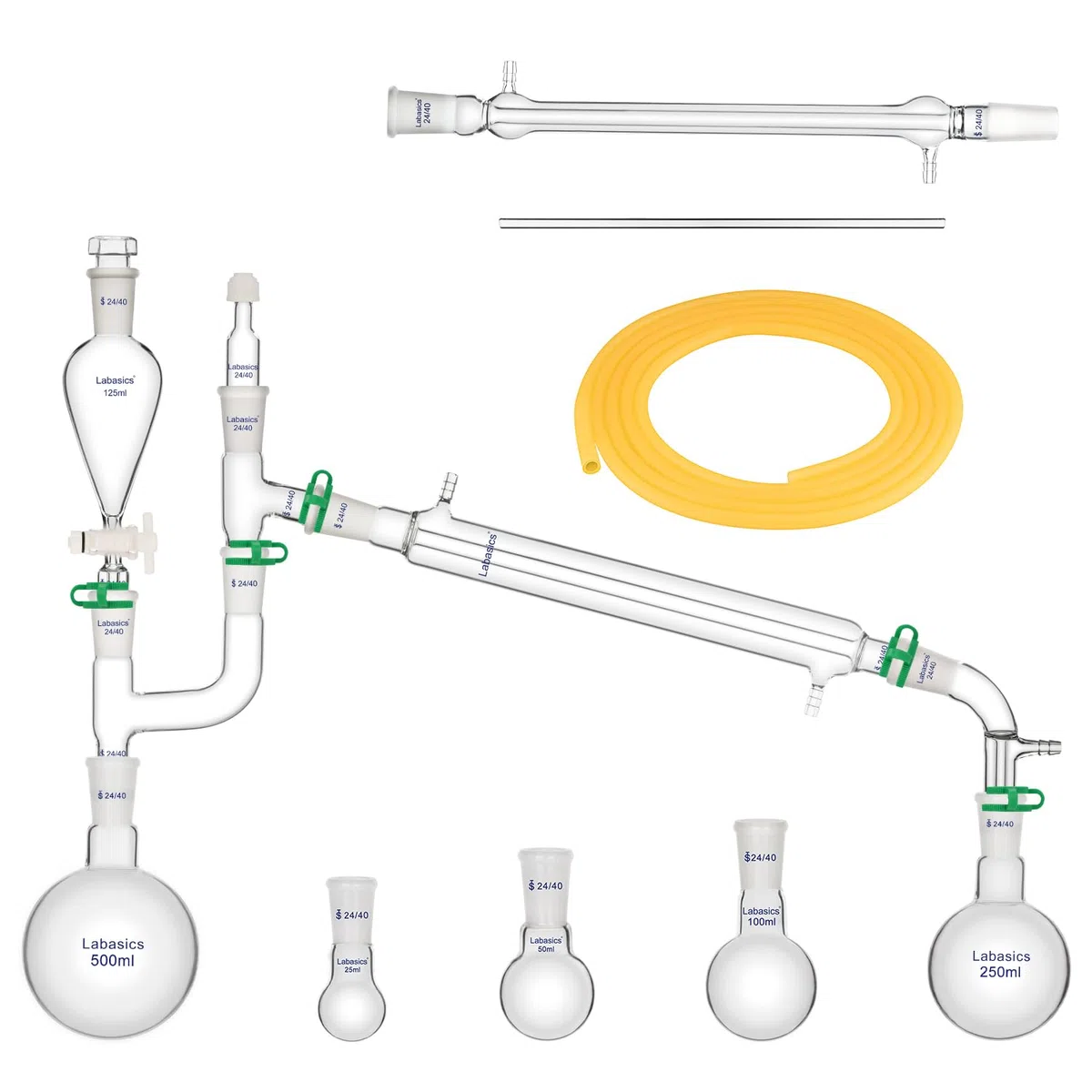 Labasics Kit de Distillation 500 ml, Appareil de Distillation en Verre Borosilicaté pour Extraction, 24/40, Verrerie de Laboratoire