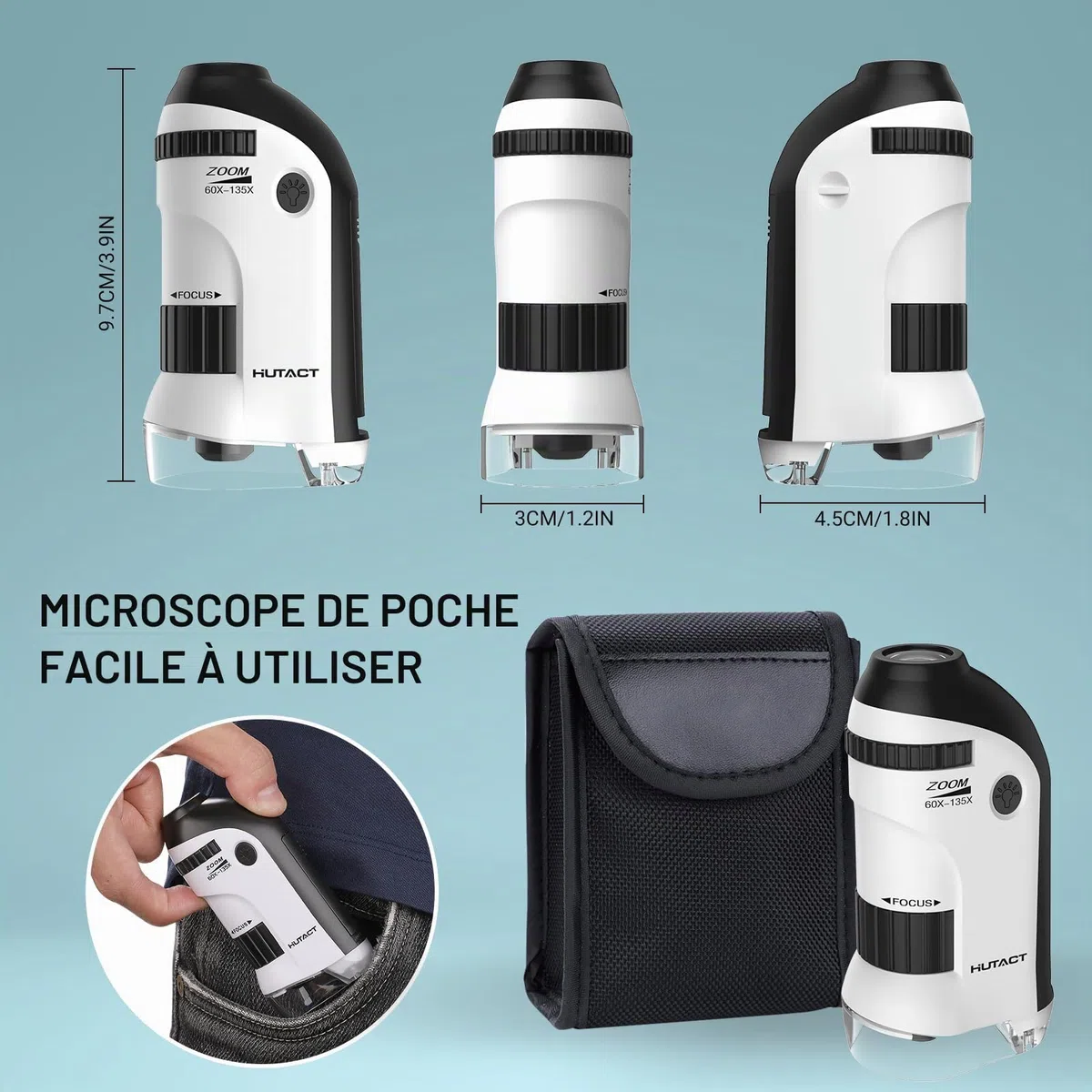 60-135X Mini Microscope Portable pour Enfants,Microscope de Poche Lumineux avec 5 Lames Preparees pour Plante Trichomes