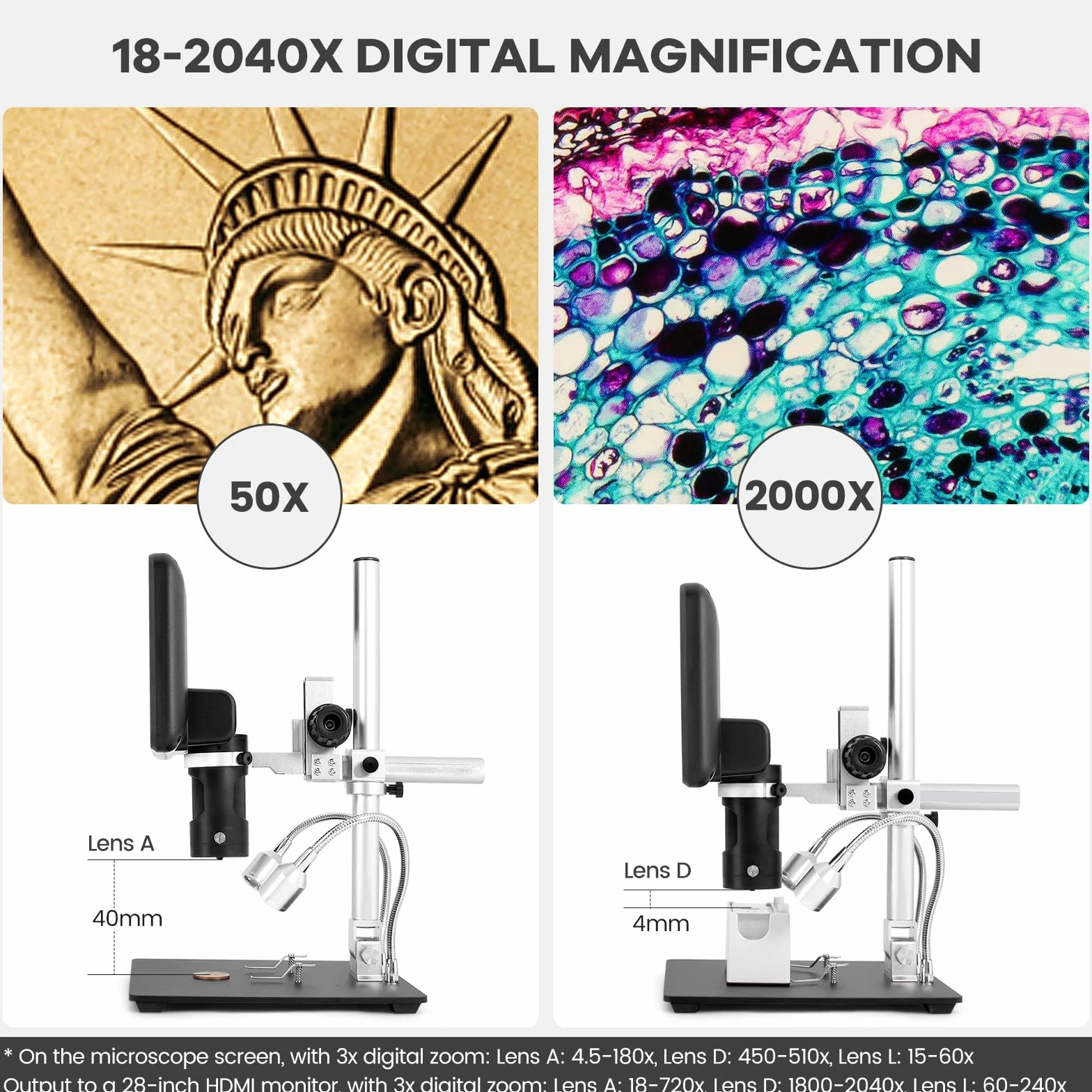 Andonstar AD246S Numérique HDMI 2000x Pour Adultes - Microscope à Souder LCD 7 Pouces Avec Enregistrement Vidéo UHD 2160P à 3 Lentilles - Kit Biologique Pour Pièces