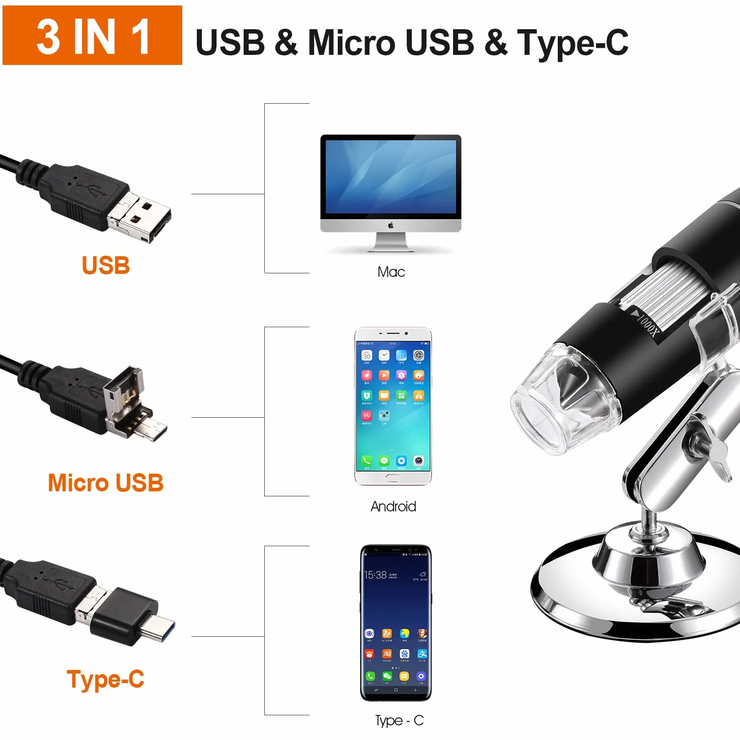 Microscope numérique USB, Endoscope de grossissement 40X-1000X Portable Bysameyee, Microscope Digital 8 LED pour Windows 7/8/10 Mac Linux sous Android (avec OTG)