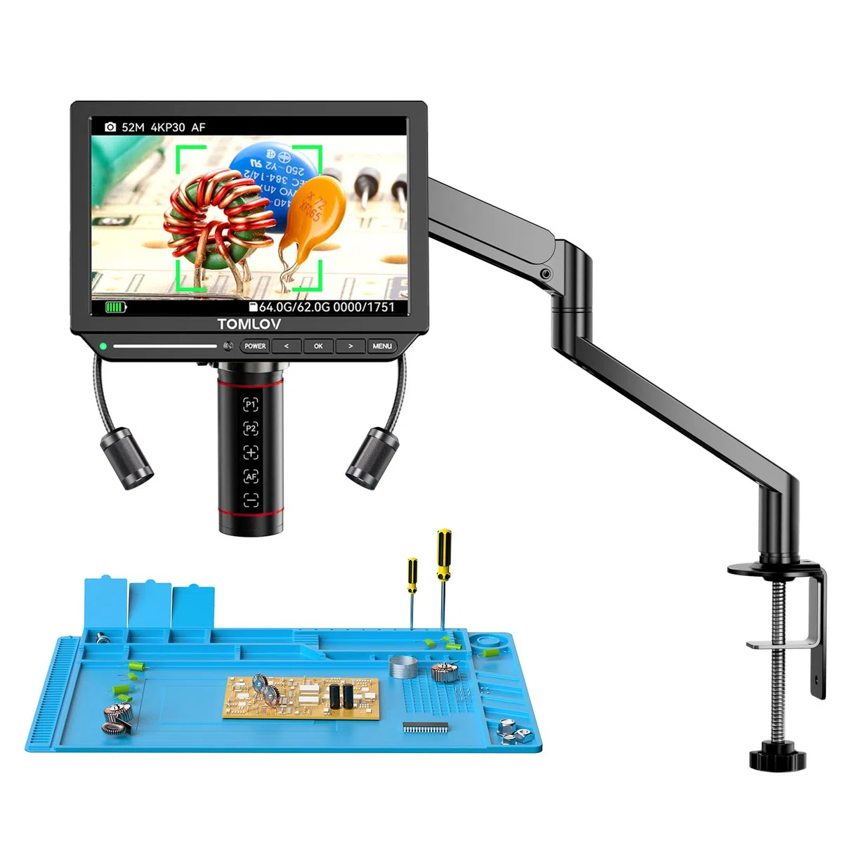 TOMLOV TM4K-AF Flex Microscope Numérique Autofocus 4K HDMI, Écran de 8" IPS avec Bras Flexible, Loupe Professionnel 2000X pour Pièces et Soudure, Tapis de Soudure, Lumières Latérales, Carte 64 Go