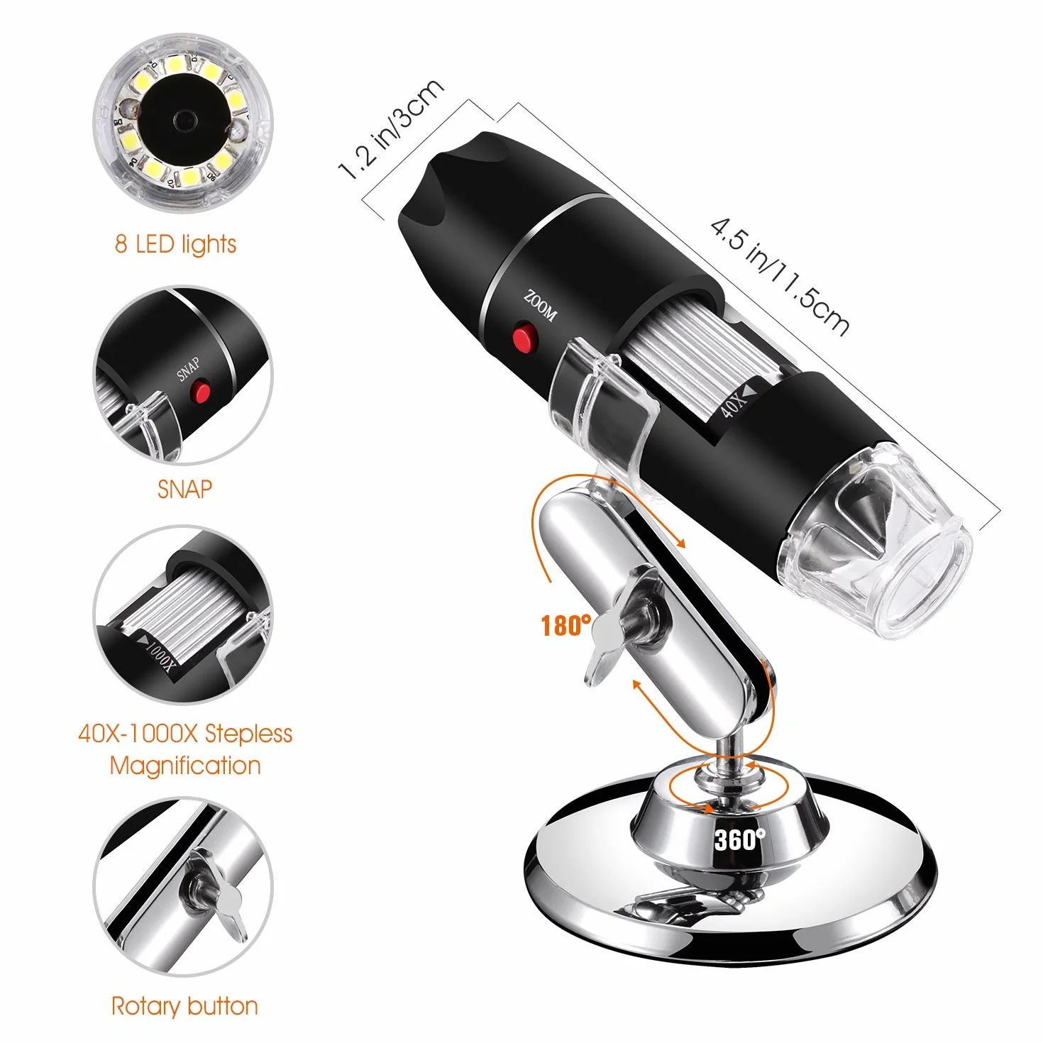 Microscope numérique USB, Endoscope de grossissement 40X-1000X Portable Bysameyee, Microscope Digital 8 LED pour Windows 7/8/10 Mac Linux sous Android (avec OTG)