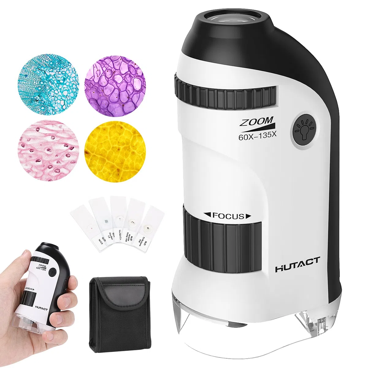 60-135X Mini Microscope Portable pour Enfants,Microscope de Poche Lumineux avec 5 Lames Preparees pour Plante Trichomes