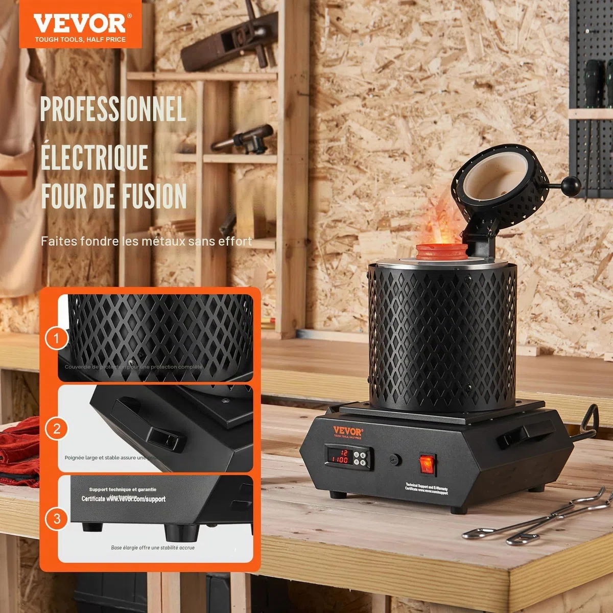 VEVOR Four de Fusion Automatique Électrique 1350 W Four de Fusion d'Or 1150℃ avec Creuset en Graphite 1 kg et 3 kg, Contrôle Numérique Chauffage Rapide pour Traitement de Métaux Argent Aluminium Cuivr