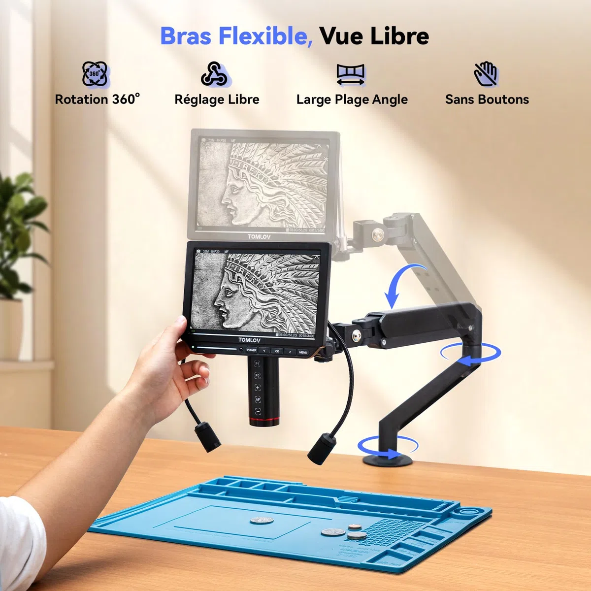 TOMLOV TM4K-AF Flex Microscope Numérique Autofocus 4K HDMI, Écran de 8" IPS avec Bras Flexible, Loupe Professionnel 2000X pour Pièces et Soudure, Tapis de Soudure, Lumières Latérales, Carte 64 Go