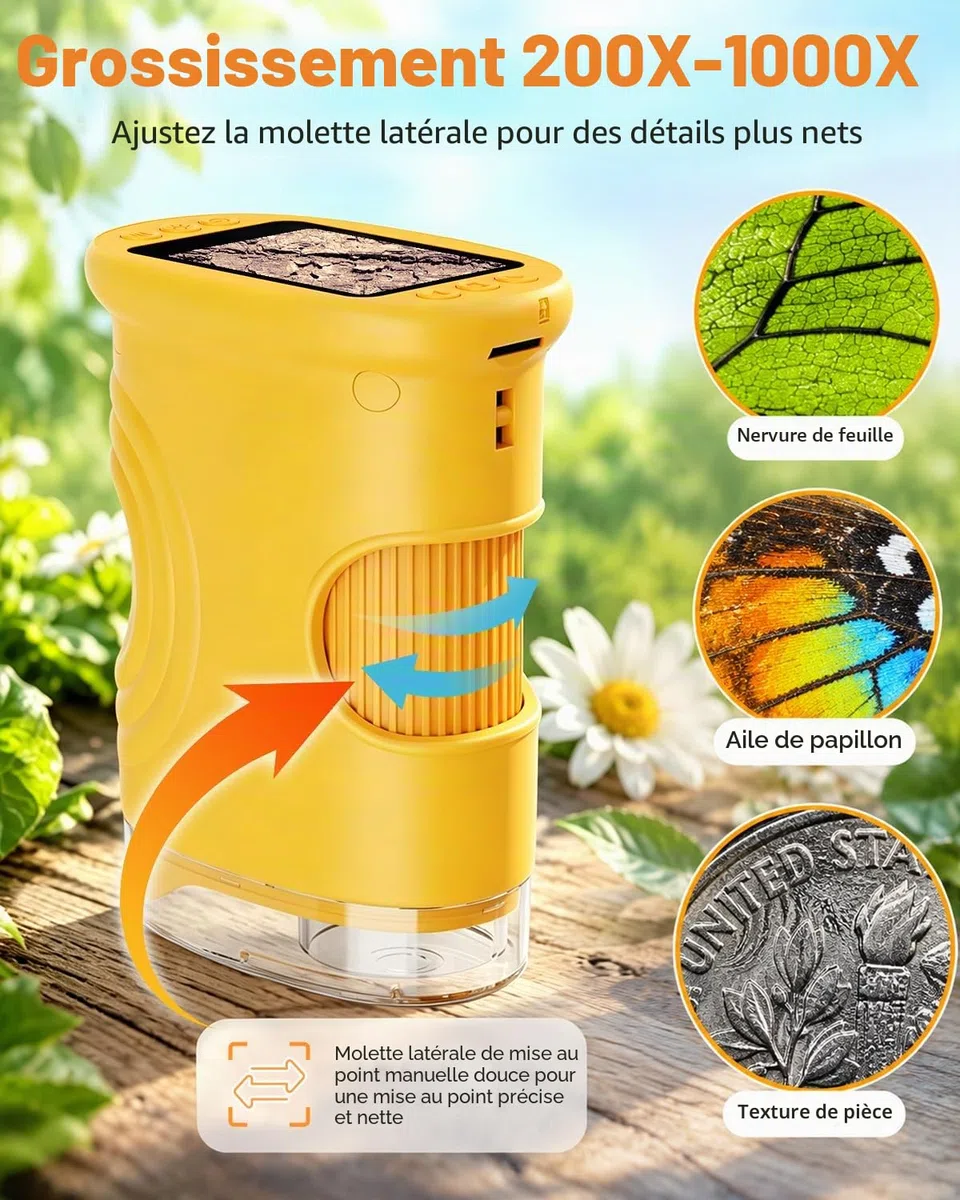 Microscope Numérique Portable pour Enfants avec Écran IPS 2.0 Pouces, Rechargeable, Stockage de Photos Intégré, 200X Mini Scope de Poche Cadeaux Éducatifs pour 4-12 Ans - Orange