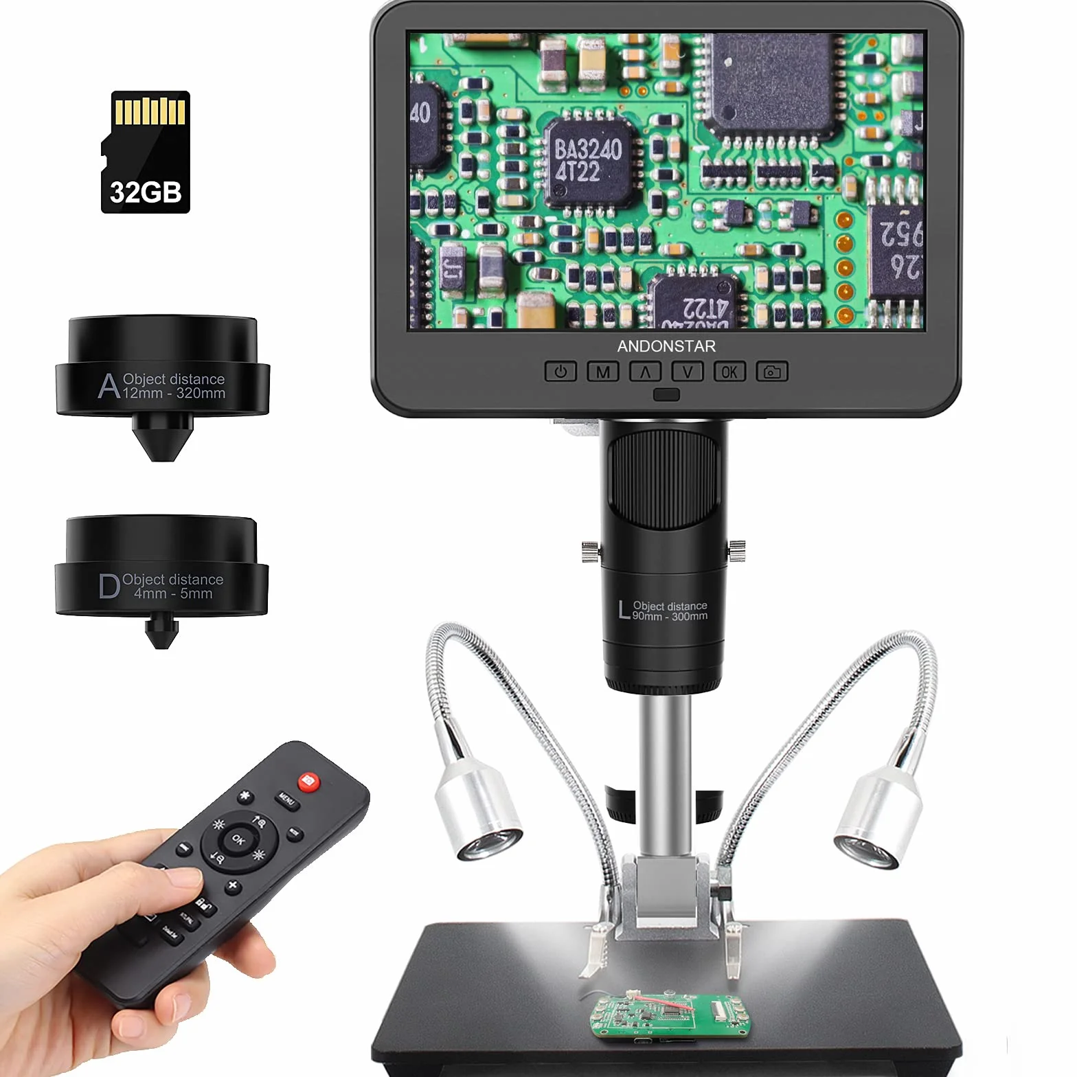 Andonstar AD246S Numérique HDMI 2000x Pour Adultes - Microscope à Souder LCD 7 Pouces Avec Enregistrement Vidéo UHD 2160P à 3 Lentilles - Kit Biologique Pour Pièces