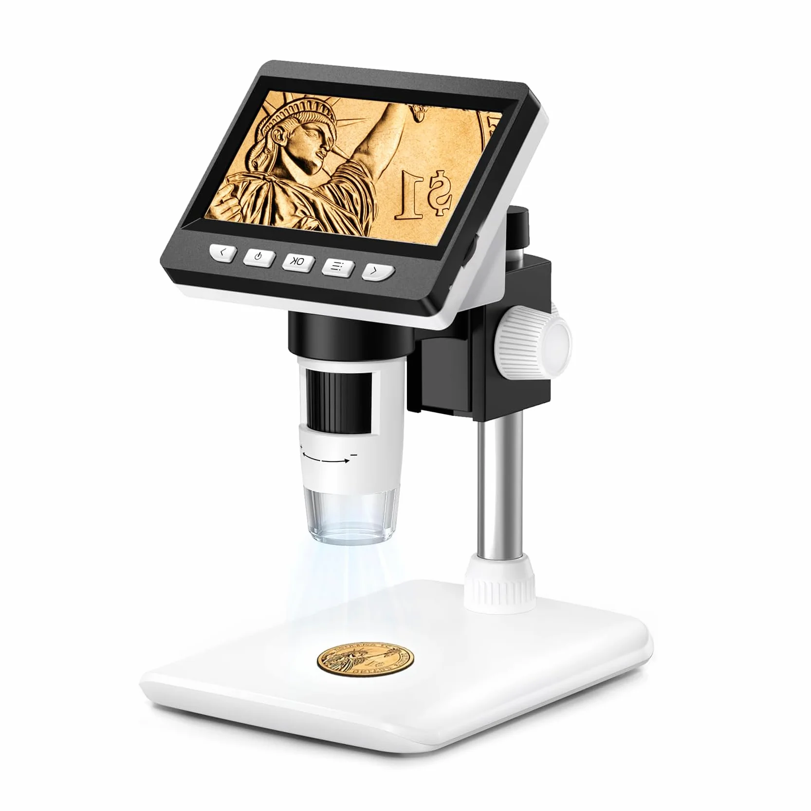 GlobalCrown Microscope numérique Enfant/Adulte,4,3 Pouces écran Microscope electronique à grossissement 50-1000X avec 8 lumières LED réglables, loupe à souder, Compatible Windows/Mac