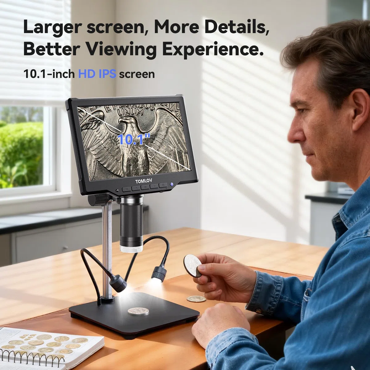 TOMLOV DM10 Microscope numérique 10,1" 1080p 1200X HD IPS pour pièces d'erreur avec lumière, microscope à souder LCD 16 MP pour adultes avec écran, vue PC, 32 Go