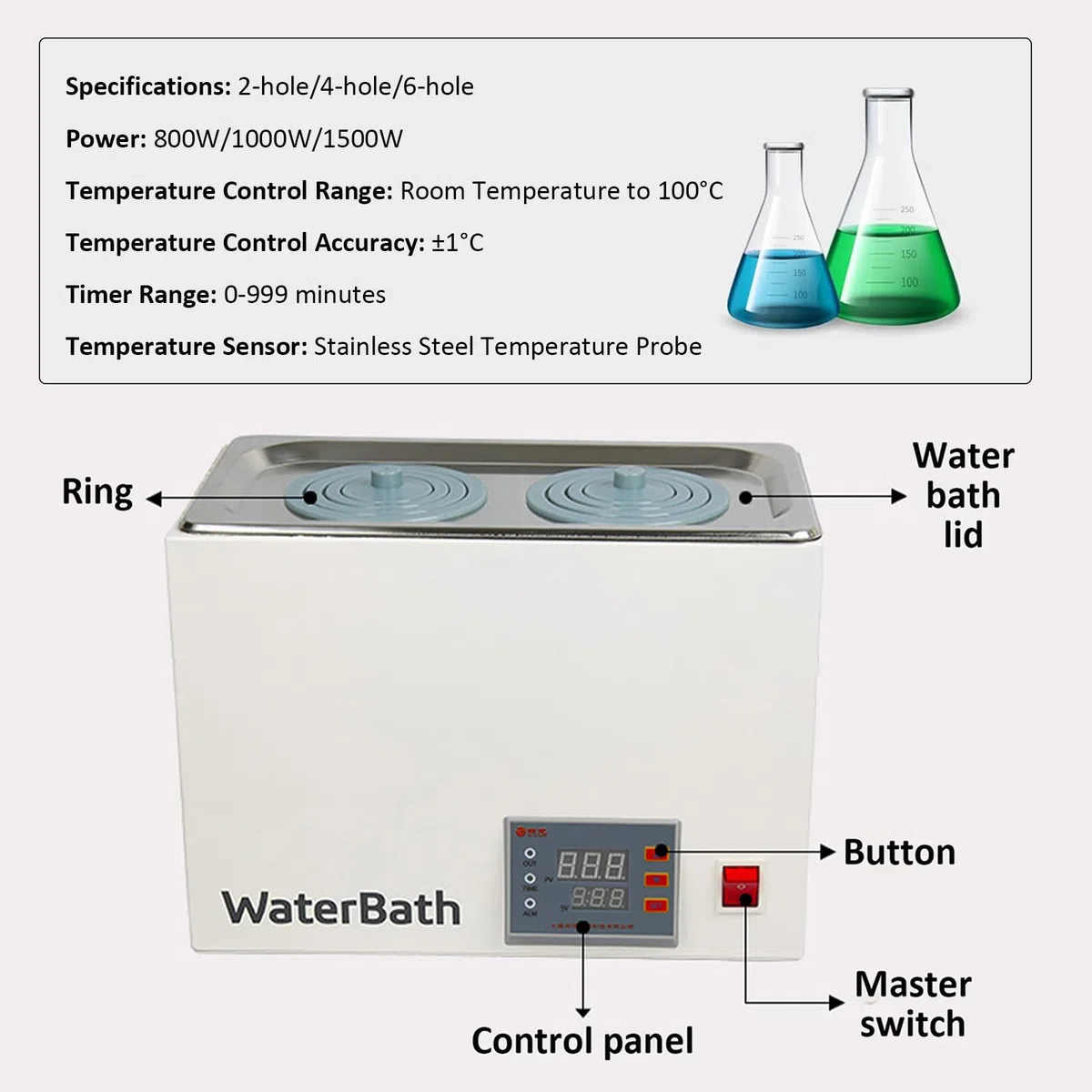 Bain d'eau thermostatique numérique 5L/8L/15L Bain d'eau de Laboratoire avec Ouvertures sélectionnables pour Laboratoire, Doublure en Acier Inoxydable 2holes
