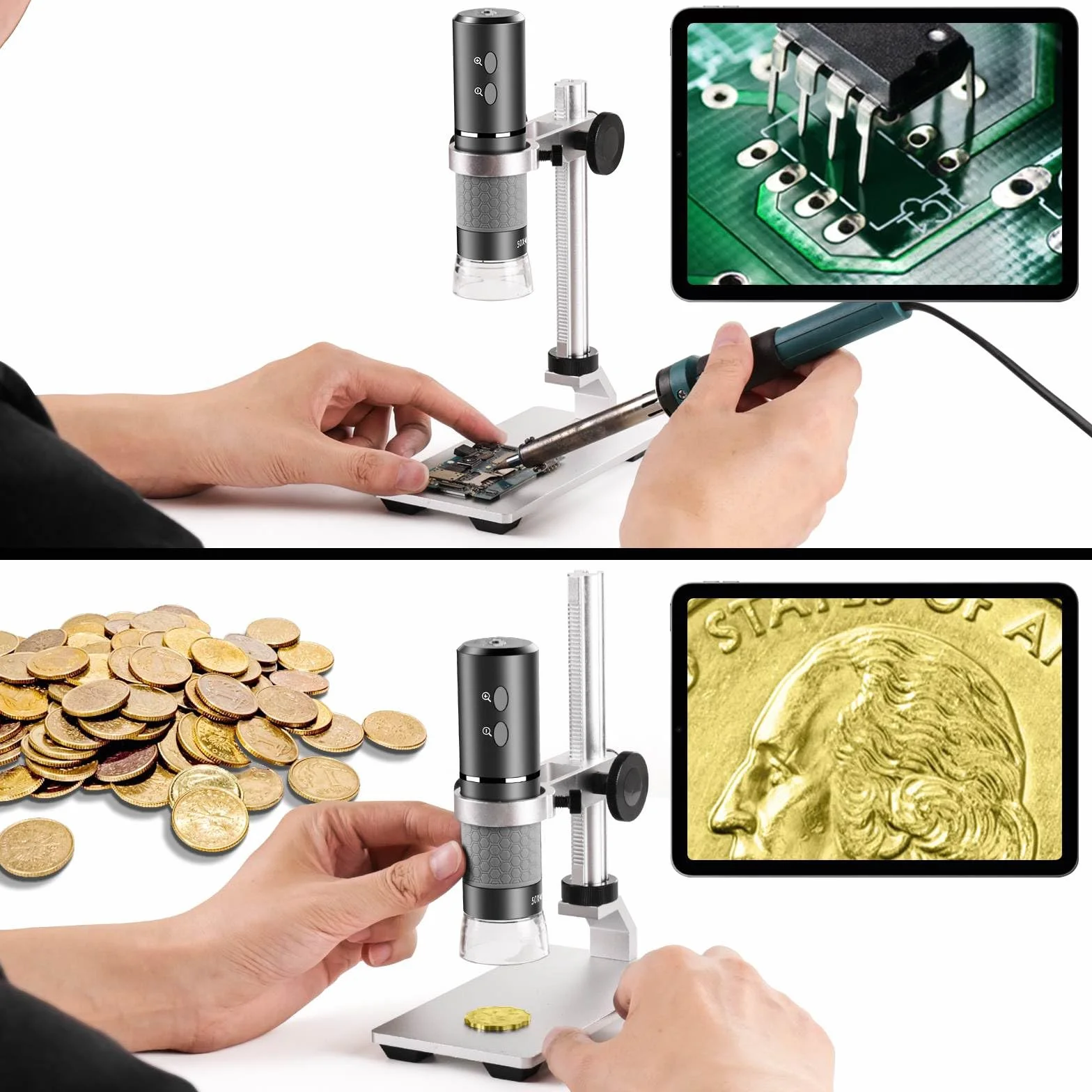 Microscope WiFi 4K avec Support Professionnel + étui pour iPhone Android PC, Microscope Numérique USB 50-1000X HD pour étui Les Téléphones iPad Android Tablette Windows Mac Chrome Linux