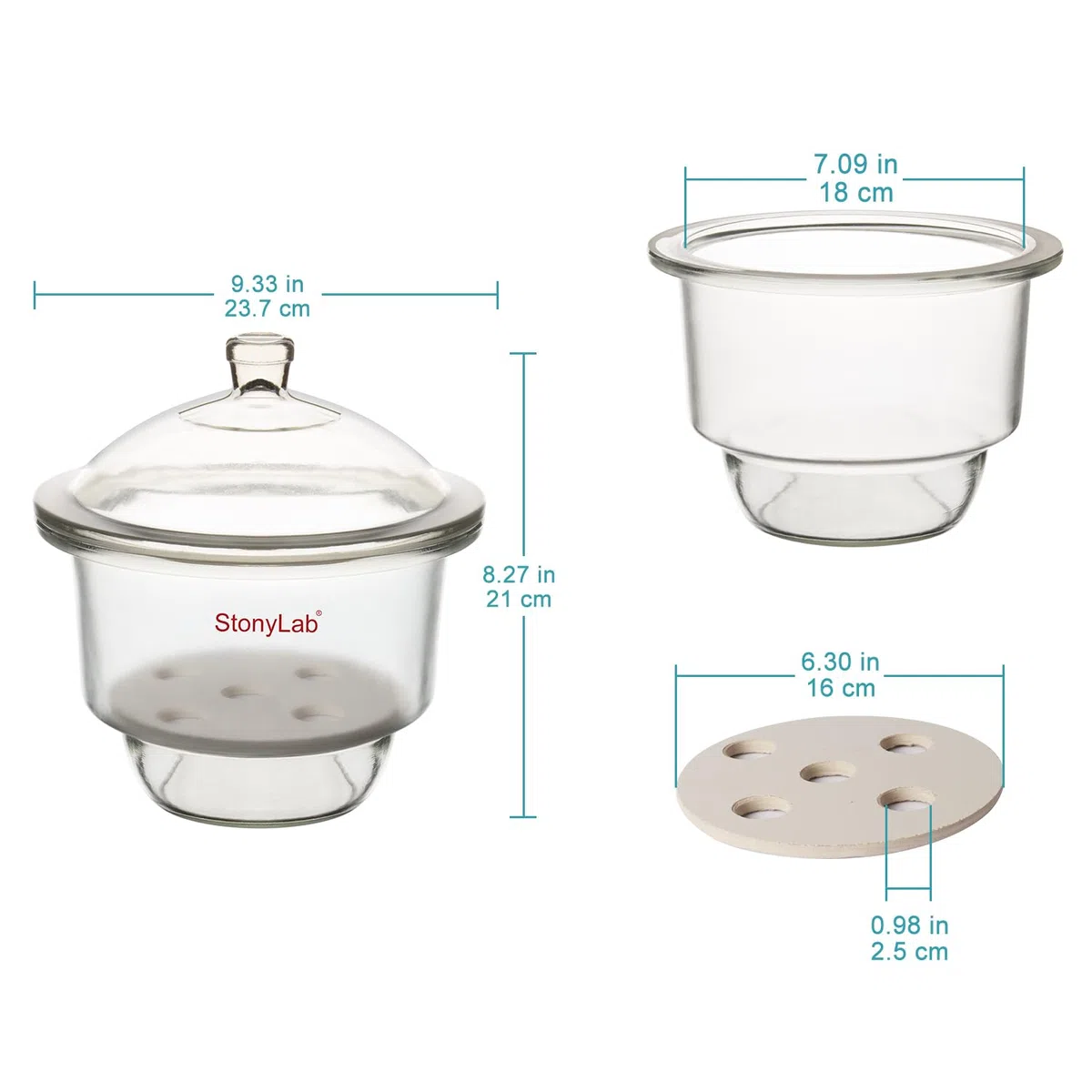 stonylab Dessiccateur en Verre, Dessiccateur de Laboratoire avec Couvercle à Bouton et Plaque en Porcelaine de ID:180 mm pour Recherche en Laboratoire