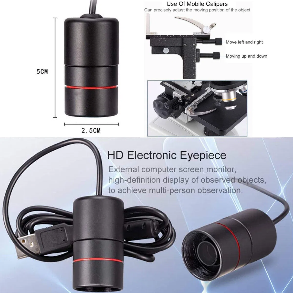 Microscope Optique Professionnel 5000X, avec oculaire électronique, Objectif 4X, 10X, 40X, 100X, Microscope trinoculaire amélioré pour Les élèves du Primaire et du secondaire