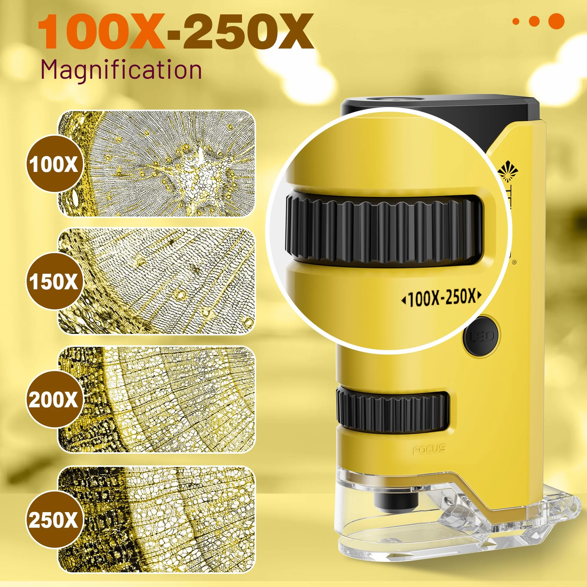 Mini Microscope de Poche 100x-250x pour Enfants Adultes, Microscope Portatif Main, Miniscope Portable pour Enfants Adultes, Scientifique Education, Jaune
