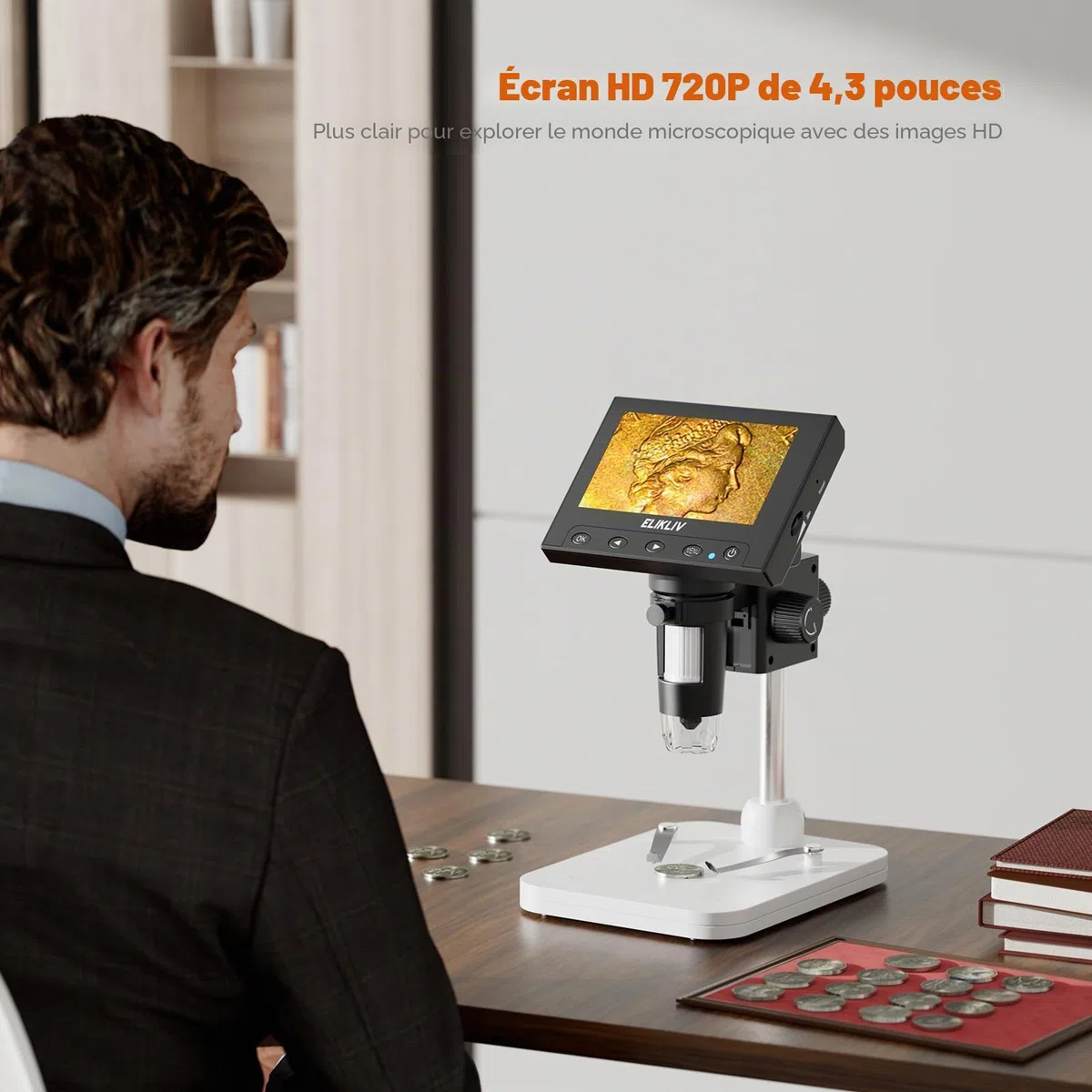Elikliv Microscope numérique LCD pour pièces de Monnaie 1000x, Loupe avec 8 LED réglables, Vue PC Compatible avec Windows, EDM4, 4,3 Pouces