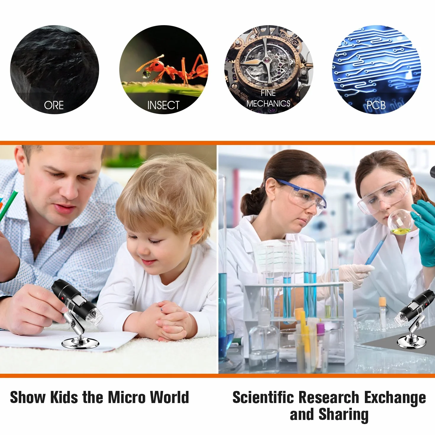 Microscope numérique USB, Endoscope de grossissement 40X-1000X Portable Bysameyee, Microscope Digital 8 LED pour Windows 7/8/10 Mac Linux sous Android (avec OTG)