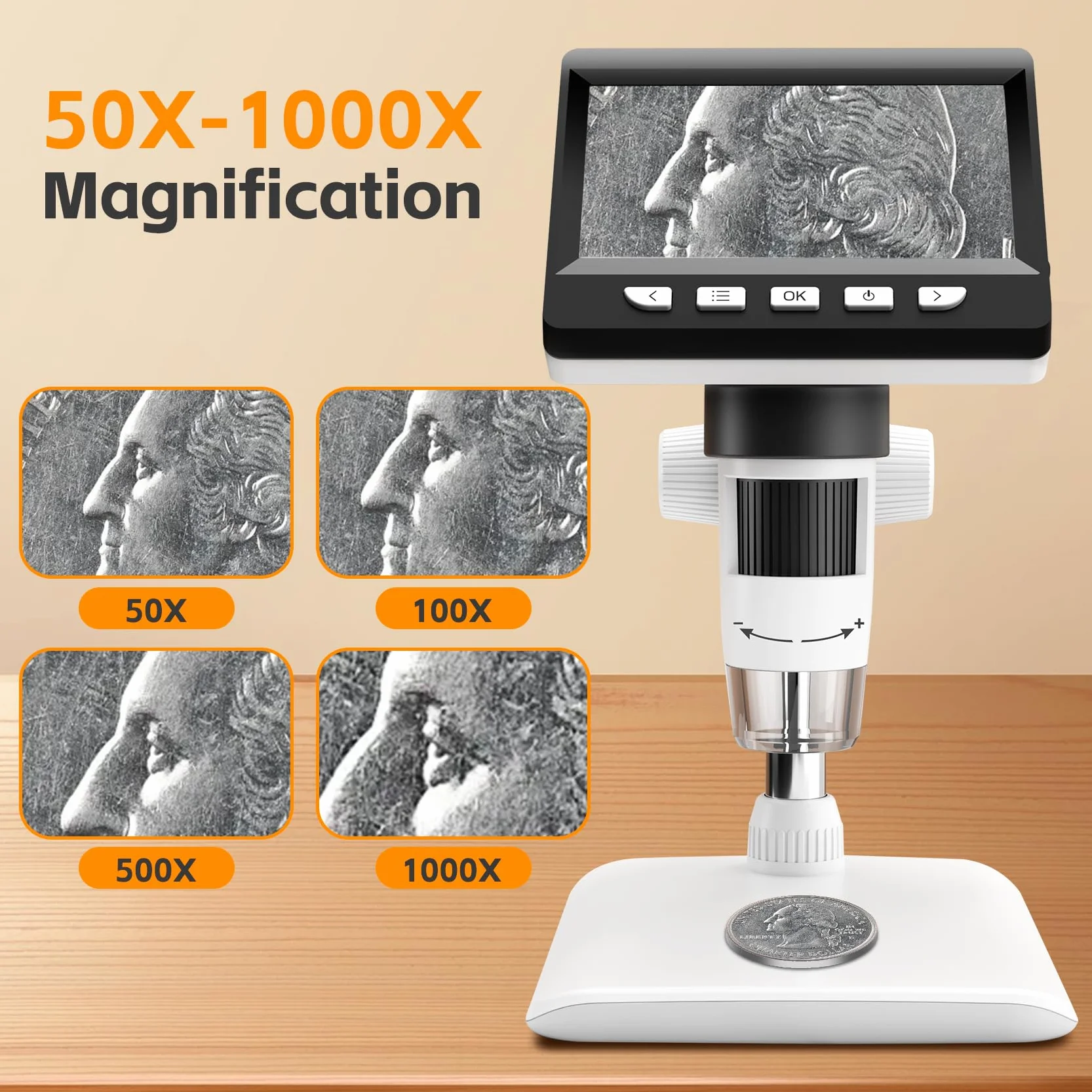 GlobalCrown Microscope numérique Enfant/Adulte,4,3 Pouces écran Microscope electronique à grossissement 50-1000X avec 8 lumières LED réglables, loupe à souder, Compatible Windows/Mac