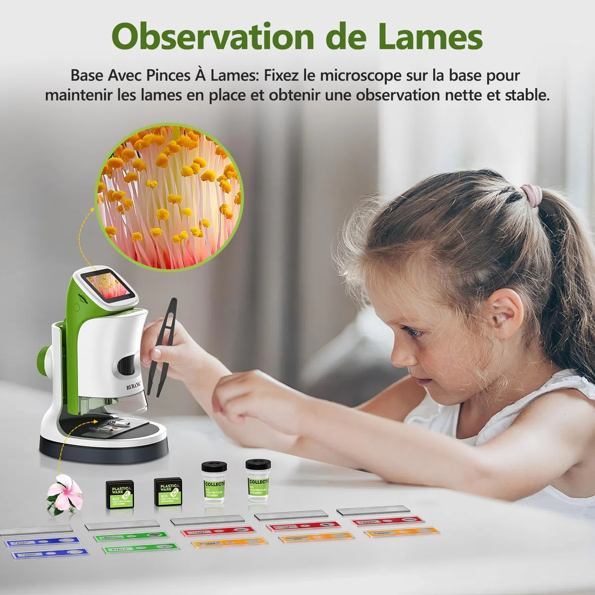 Microscope Numérique Portable de Poche pour Enfant, Mini Scope Détachable HD 4K 2" Écran Cadeau Noël Garçons Filles Jouet Éducatif STEM Kit d'expériences Scientifiques avec Lames et Carte 32G