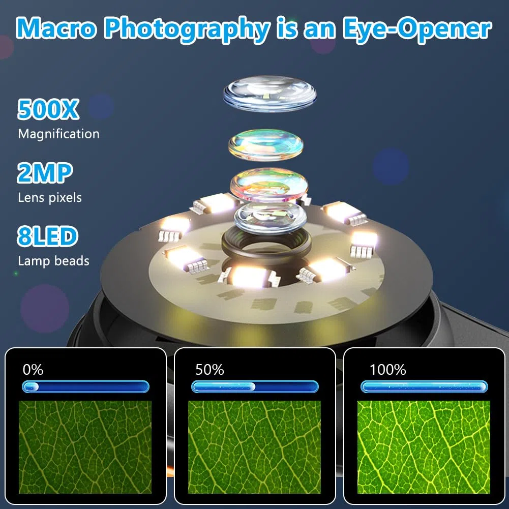 Microscope Numérique, Microscope Portable, 500x Loupe de Lecture Lumineuse avec écran IPS 2.0'' et 8 LED Ajustables, Rechargeables, pour explorer et apprendre, Enfants et Adultes.