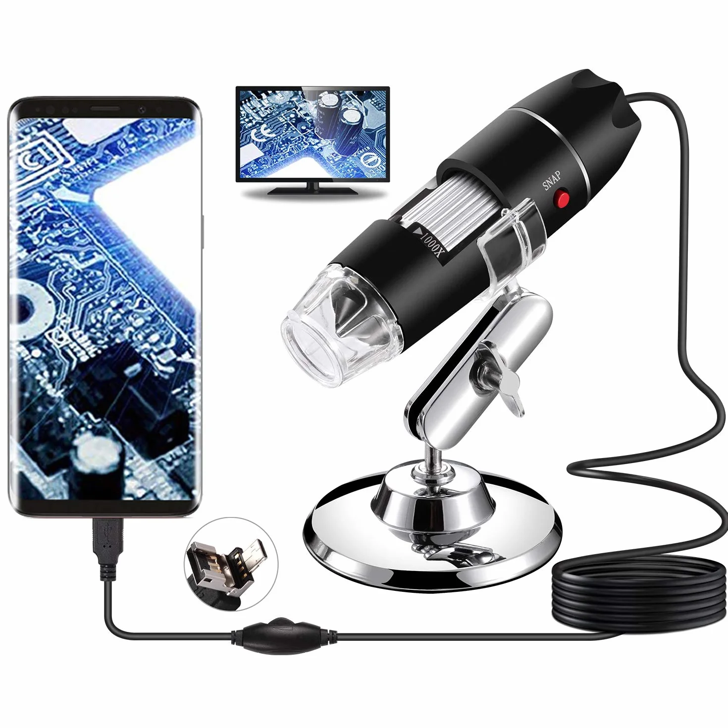 Microscope numérique USB, Endoscope de grossissement 40X-1000X Portable Bysameyee, Microscope Digital 8 LED pour Windows 7/8/10 Mac Linux sous Android (avec OTG)