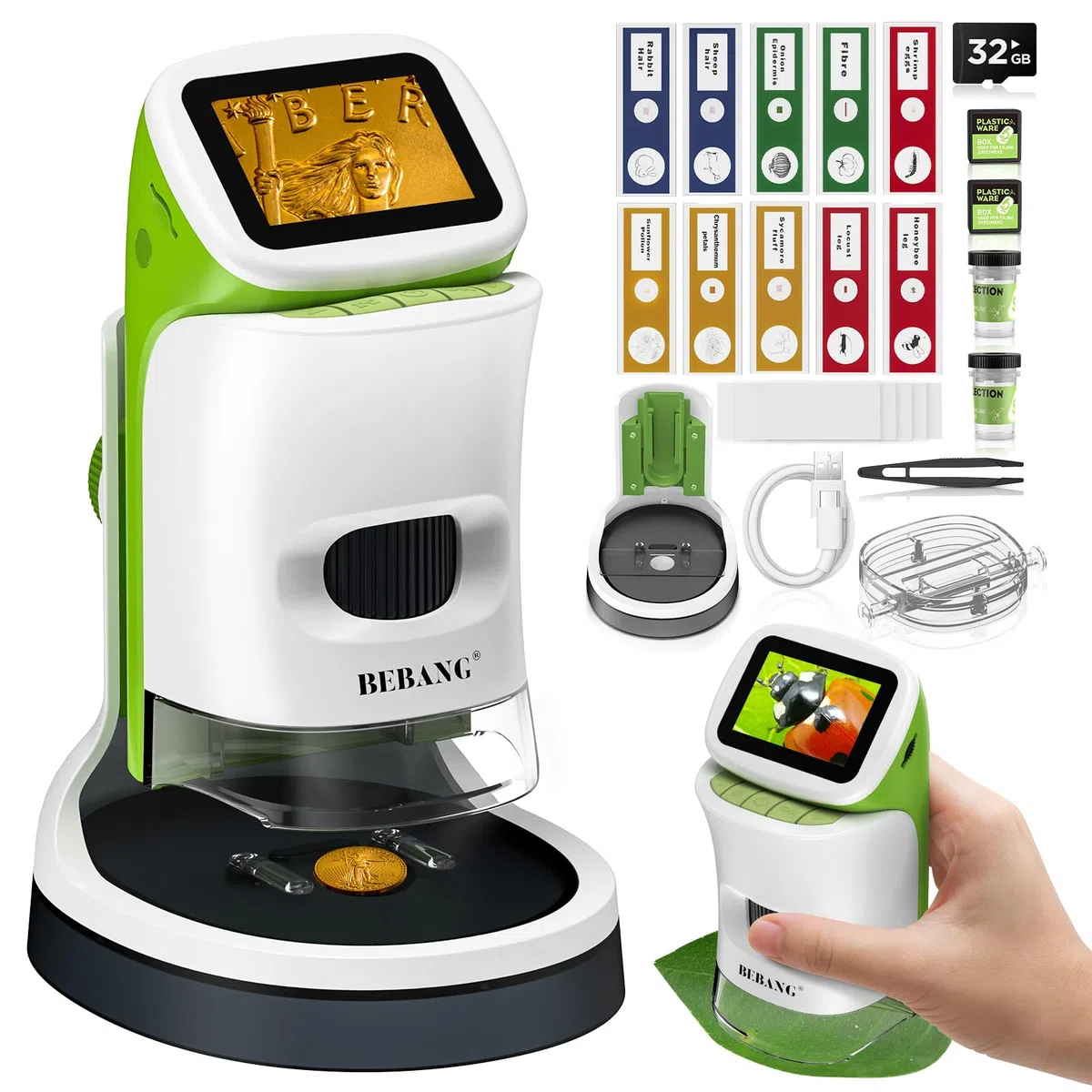 Microscope Numérique Portable de Poche pour Enfant, Mini Scope Détachable HD 4K 2" Écran Cadeau Noël Garçons Filles Jouet Éducatif STEM Kit d'expériences Scientifiques avec Lames et Carte 32G