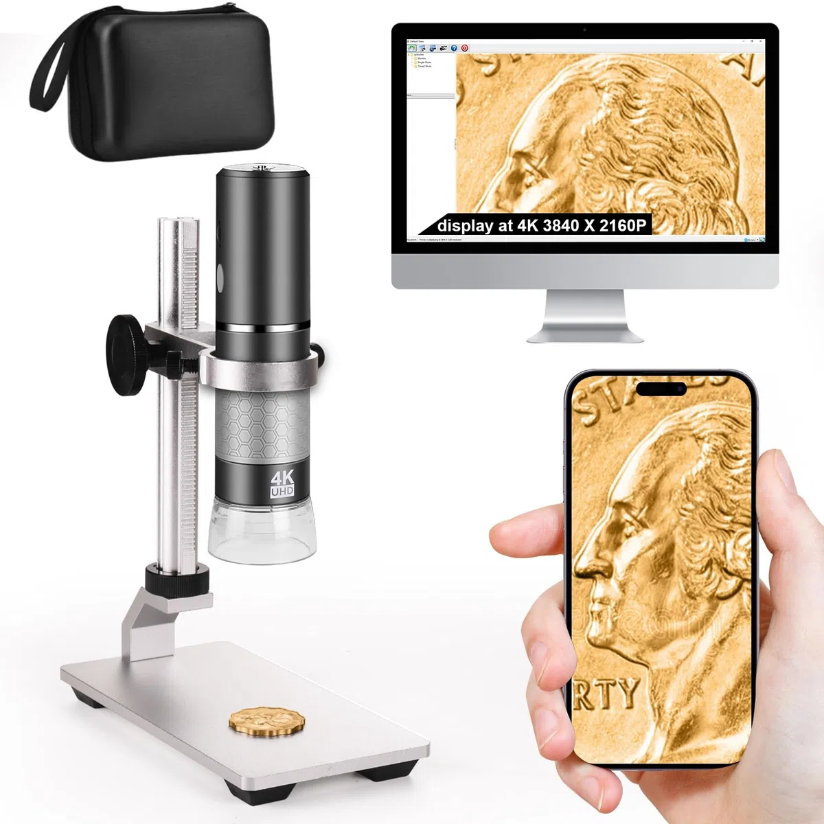 Microscope WiFi 4K avec Support Professionnel + étui pour iPhone Android PC, Microscope Numérique USB 50-1000X HD pour étui Les Téléphones iPad Android Tablette Windows Mac Chrome Linux