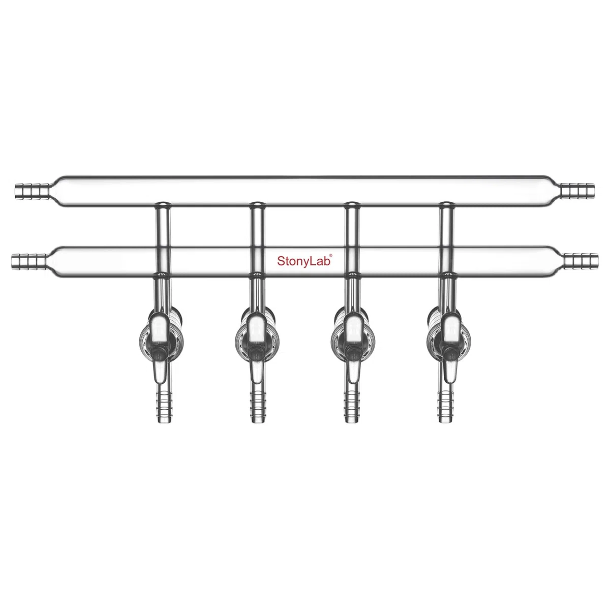 stonylab Collecteur à Double Vide en Verre, Verre Borosilicaté Collecteur à Double Banque de Gaz Sous Vide avec 4 Ports et 4 Stopcocks en Verre Gaz Sous Vide Distributeur pour Laboratoire Schlenk Line