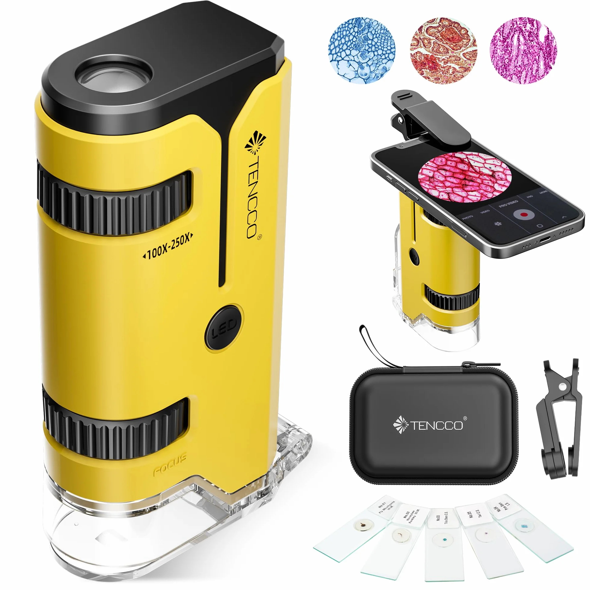 Mini Microscope de Poche 100x-250x pour Enfants Adultes, Microscope Portatif Main, Miniscope Portable pour Enfants Adultes, Scientifique Education, Jaune
