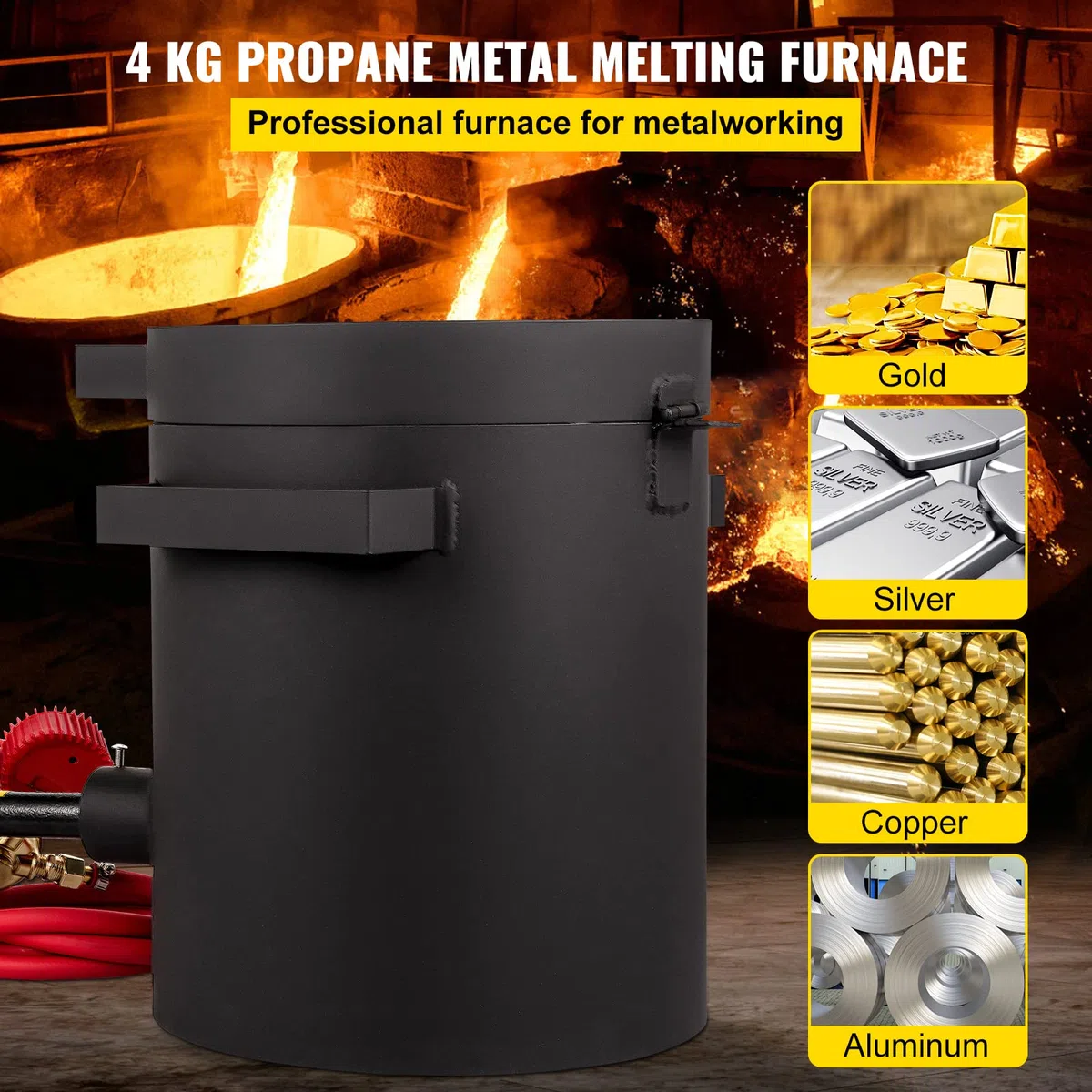 VEVOR Forge à Gaz Propane Four de Fusion 76,8 kW·h avec Creuset Graphite Capacité de 4 kg, Four de Fusion de Métaux 1350℃ Chauffage Rapide Efficace avec Brûleur à Gaz pour Fondre Cuivre Or Argent Alu