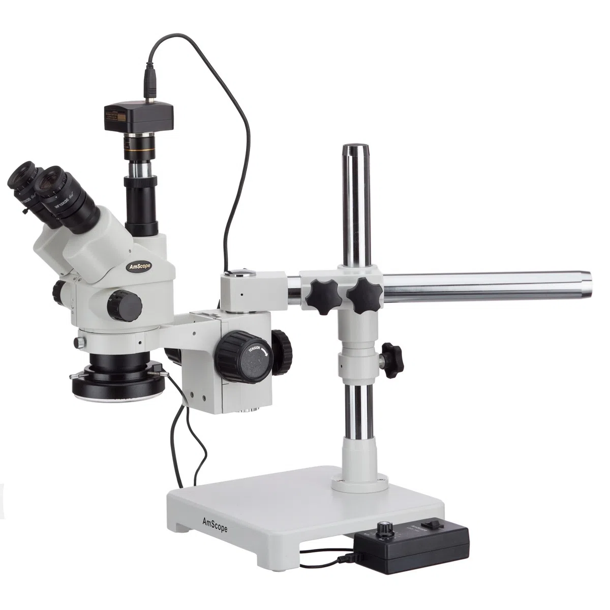 AmScope 3,5 x -45 x stéréo Simul-focal Zoom microscope sur un seul Bras avec perche avec bague de 144-led lumière et appareil photo 1,3 Mp