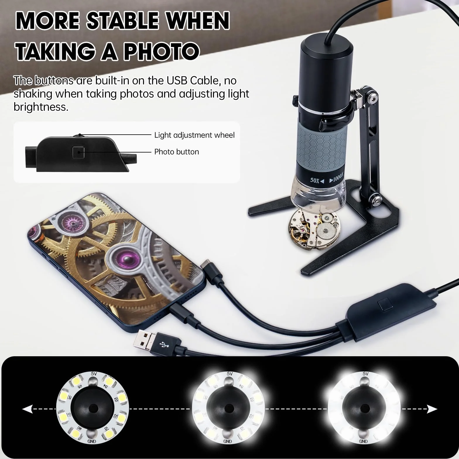 Microscope USB 1080p avec Support en métal, 50X-1000X Microscope numérique Portable Compatible avec iPhone/Android/Windows/Mac