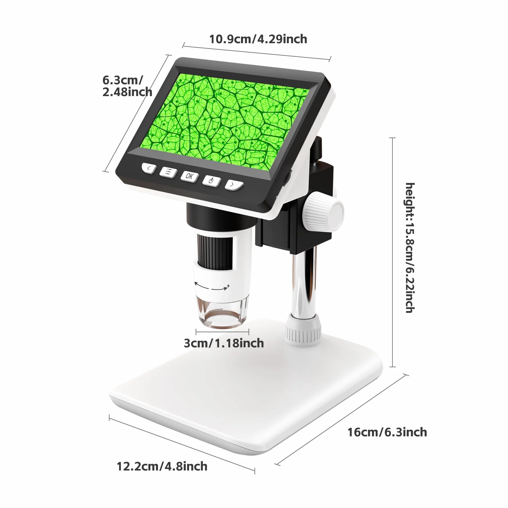 GlobalCrown Microscope numérique Enfant/Adulte,4,3 Pouces écran Microscope electronique à grossissement 50-1000X avec 8 lumières LED réglables, loupe à souder, Compatible Windows/Mac
