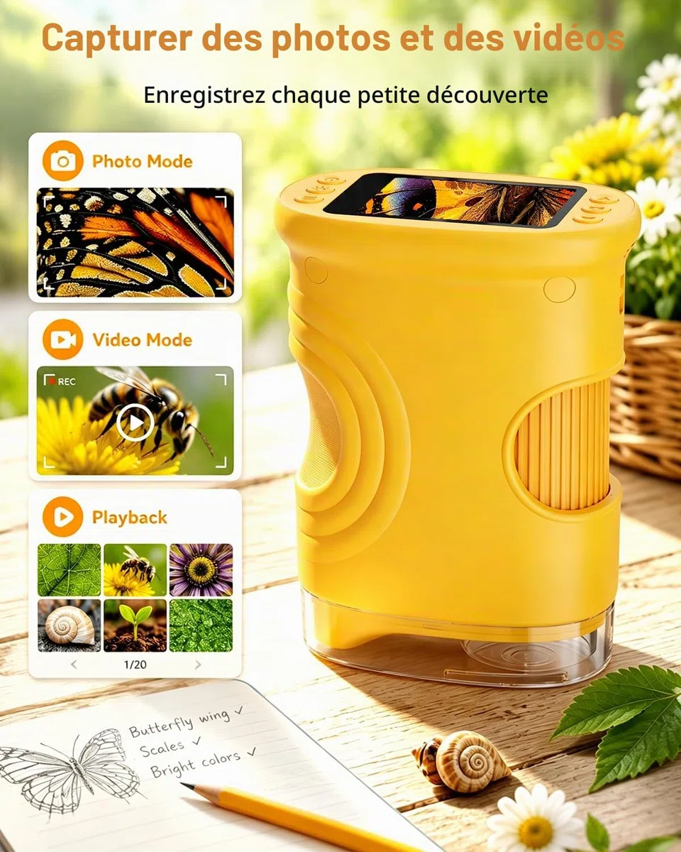 Microscope Numérique Portable pour Enfants avec Écran IPS 2.0 Pouces, Rechargeable, Stockage de Photos Intégré, 200X Mini Scope de Poche Cadeaux Éducatifs pour 4-12 Ans - Orange