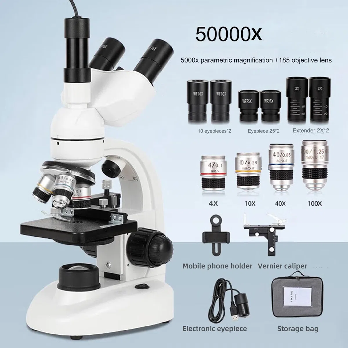 Microscope Optique Professionnel 5000X, avec oculaire électronique, Objectif 4X, 10X, 40X, 100X, Microscope trinoculaire amélioré pour Les élèves du Primaire et du secondaire